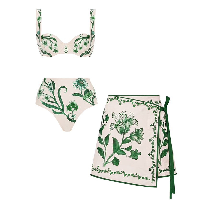Adjustable Straps Green Floral Print Swimsuit Set(s)