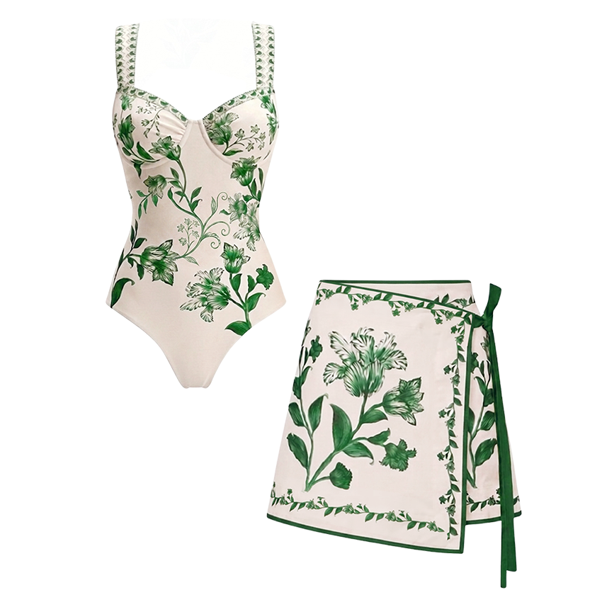 Adjustable Straps Green Floral Print Swimsuit Set(s)