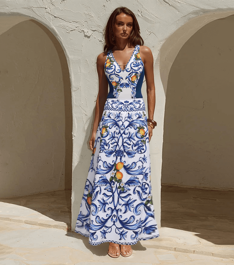 V Neck Lemon Printed Swimsuit Set(s)