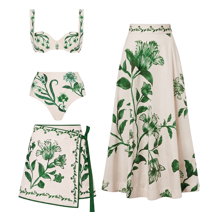 Adjustable Straps Green Floral Print Swimsuit Set(s)