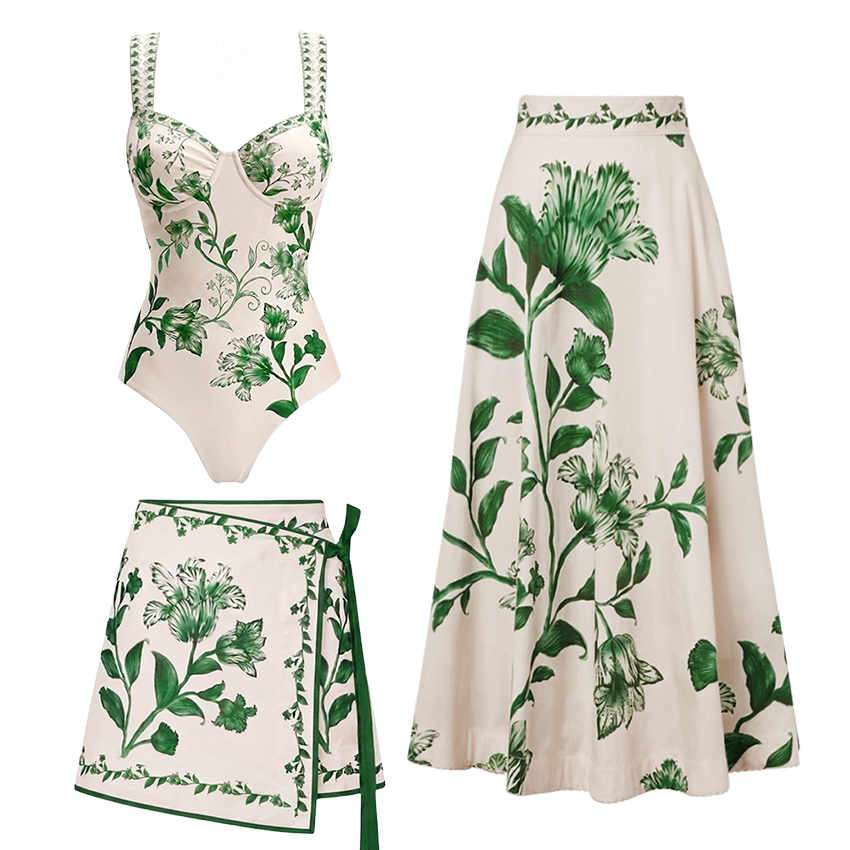 Adjustable Straps Green Floral Print Swimsuit Set(s)