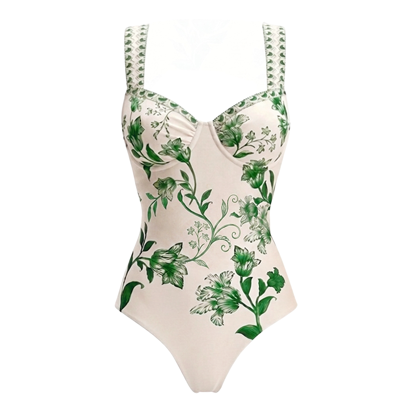 Adjustable Straps Green Floral Print Swimsuit Set(s)