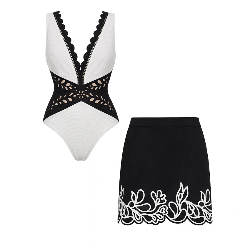 V Neck Black and White Laser Cut Swimsuit Set(s)