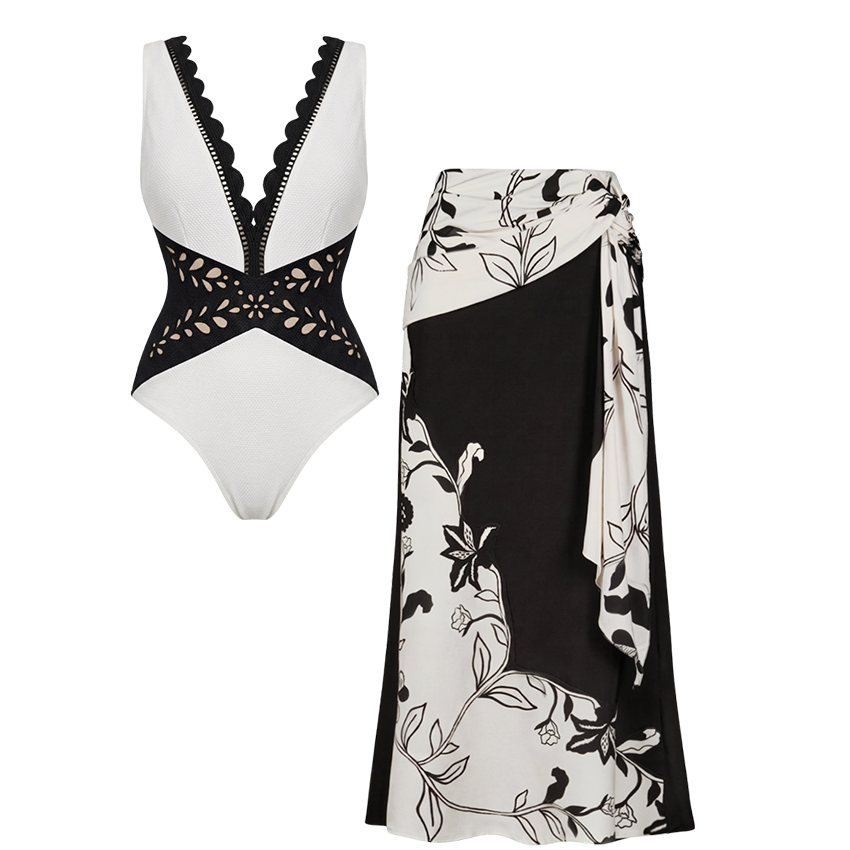 V Neck Black and White Laser Cut Swimsuit Set(s)
