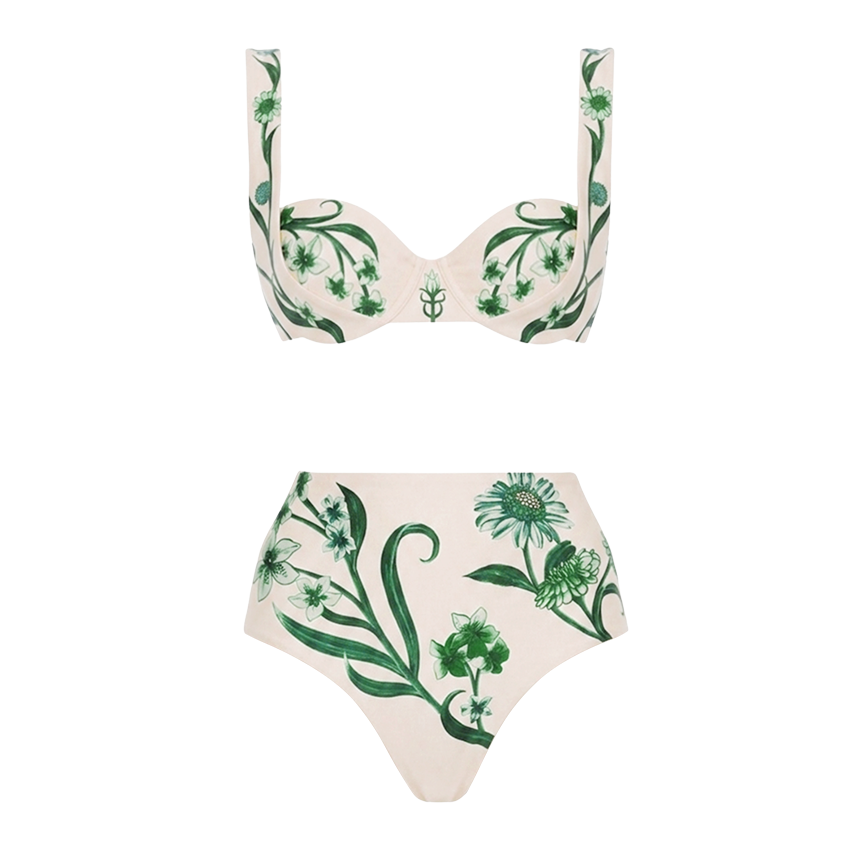 Adjustable Straps Green Floral Print Swimsuit Set(s)