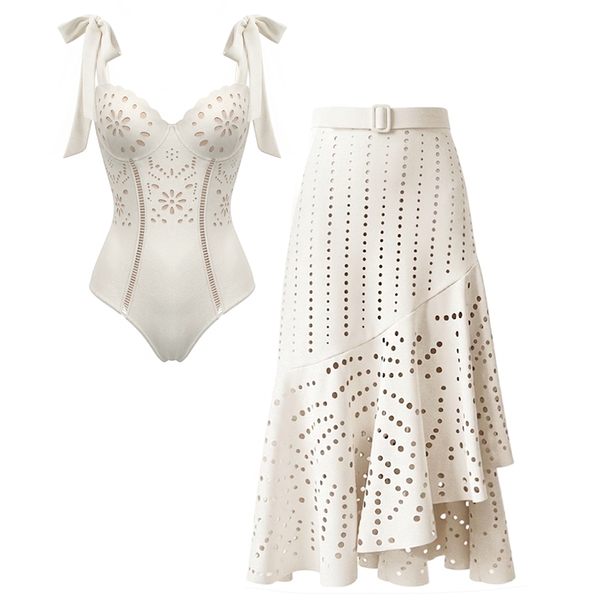 White Color Laser Cutting Flower Swimsuit Set(s)