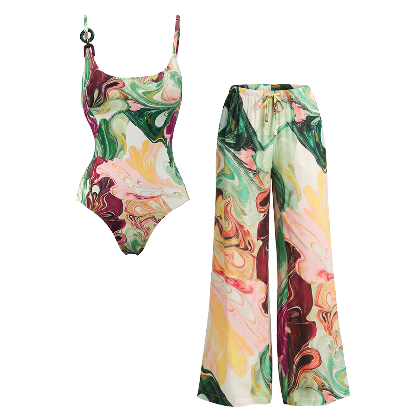 Red and Green Gradient Print Swimsuit set(s)