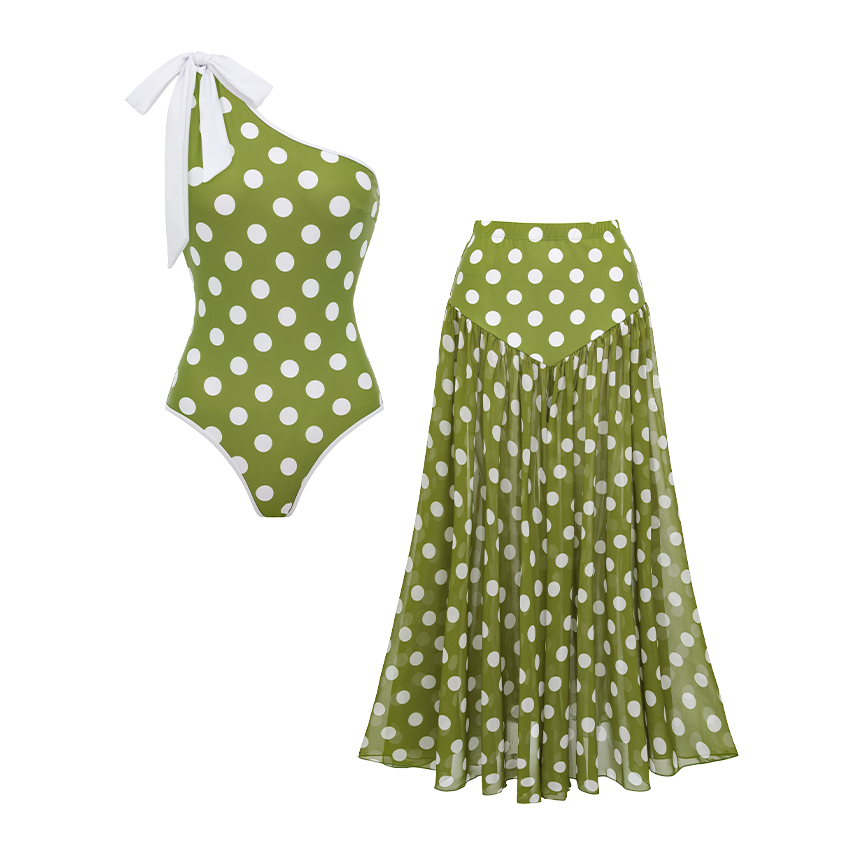 Oblique Shoulder Bowknot Polka Dot Print Swimsuit Set(s)