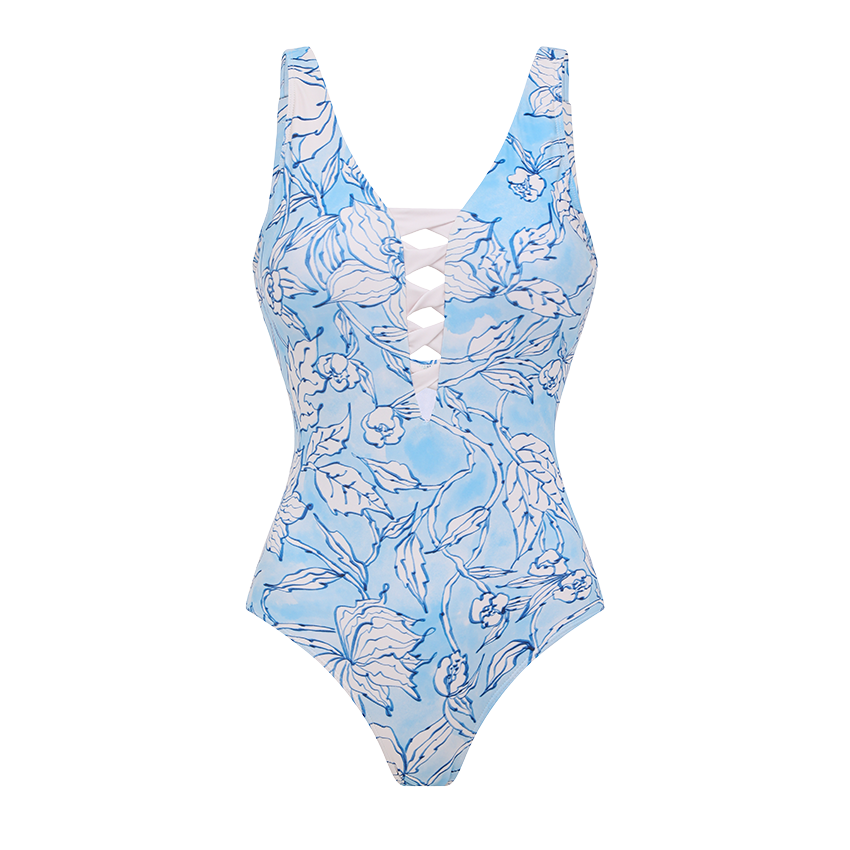 Cut-out Blue Flowers Pinted Swimsuit Set(s)