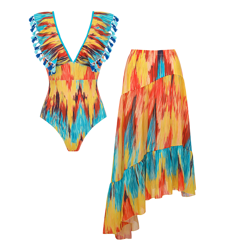 V-neck Blue-Orange Gradient Swimsuit Set(s)