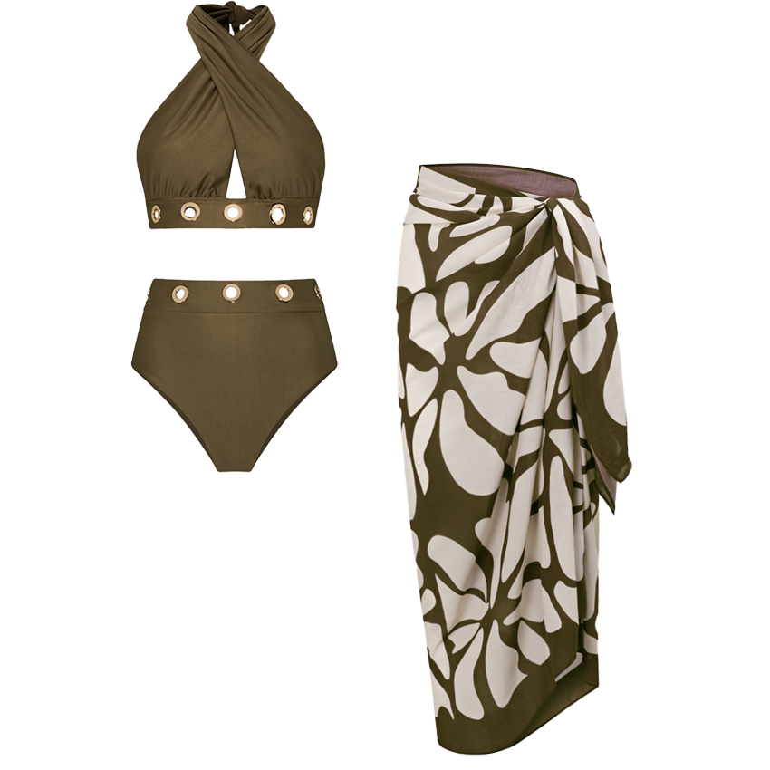 Halter-neck Olive Green Hollow Out Swimsuit Set(s)