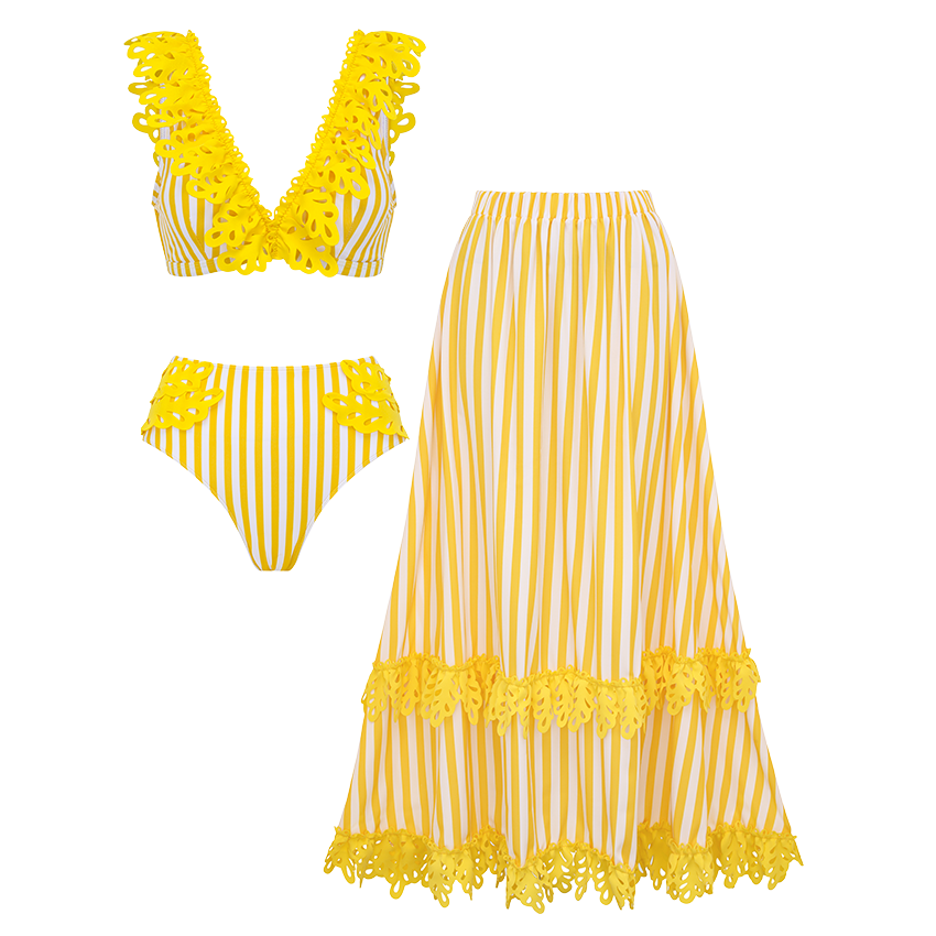V-neck Yellow Stripes Swimsuit Set(s)