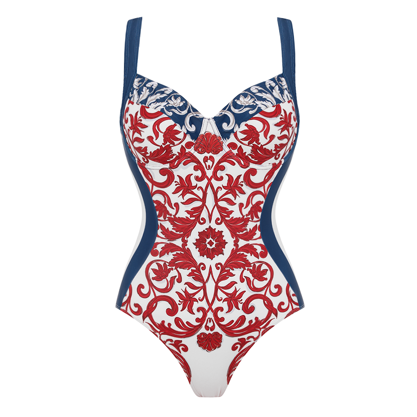 Red & Blue Seville Tiles Print Waist-Slimming Swimsuit Set(s)