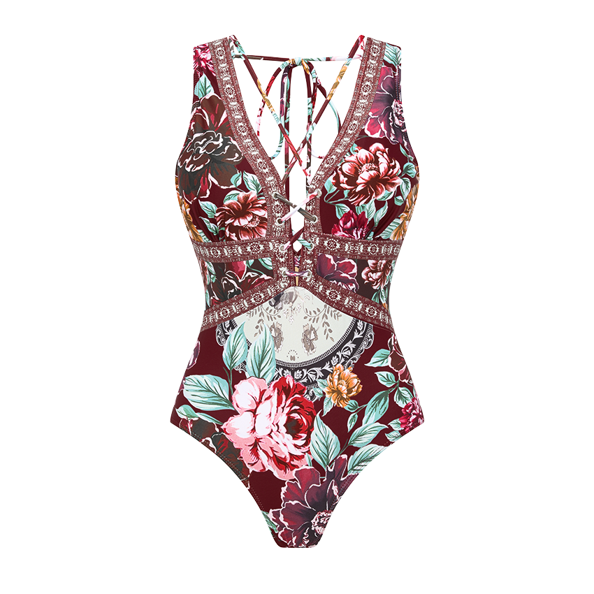 Strap Decoration Peony Print Swimsuit Set(s)