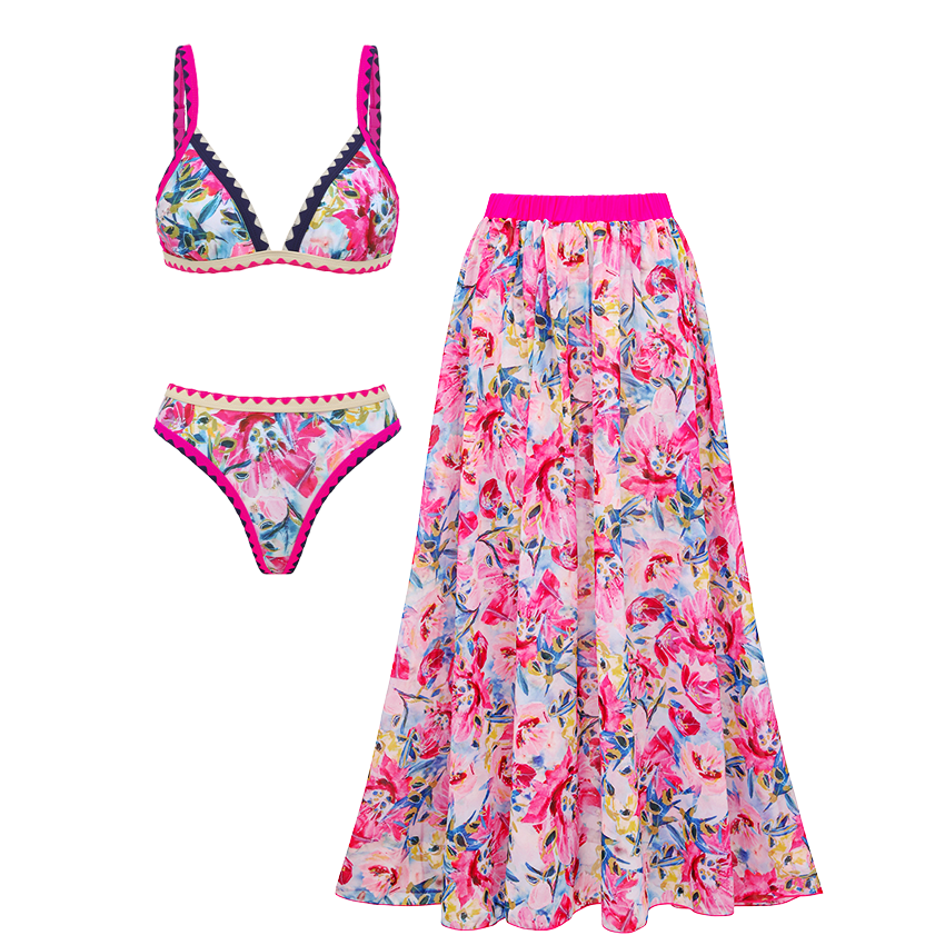 V-neck Pink Iris Print Swimsuit Set(s)