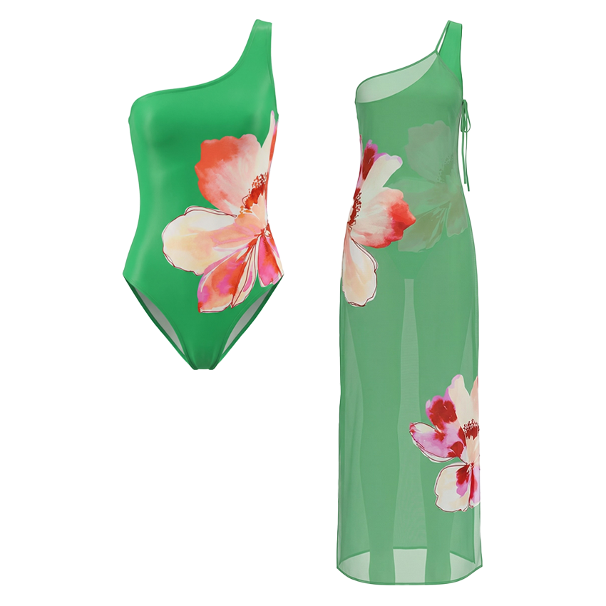 One Shoulder Green & Red Color Blocking Swimsuit Set(s)