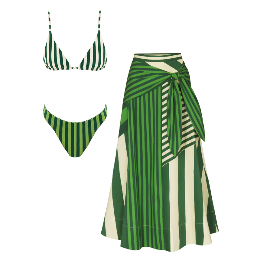 Drawstring Green and White Striped Print Swimsuit Set(s)