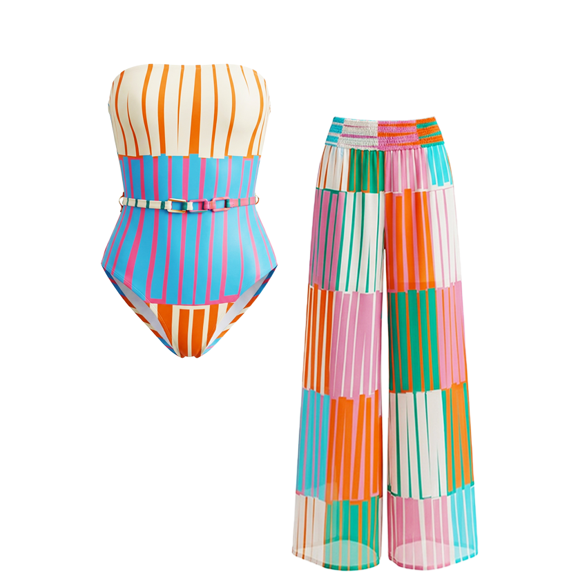 Strapless Colorful Striped Print Swimsuit Set(s)