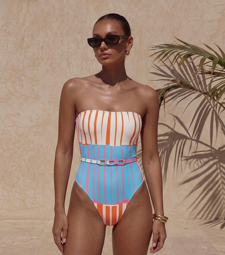 Strapless Colorful Striped Print Swimsuit Set(s)
