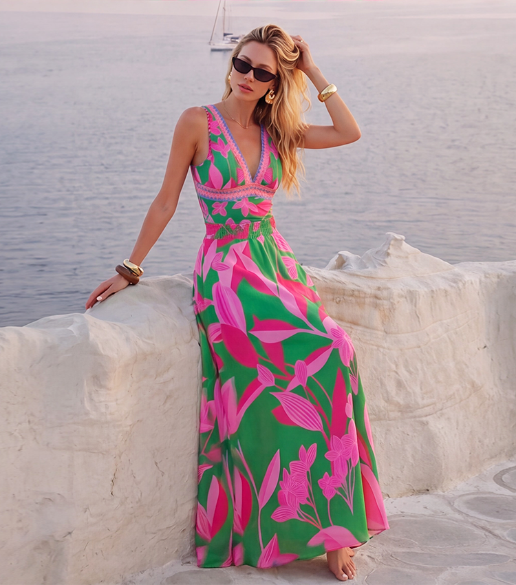 Pink & Green Colorblock Print V-Neck Swimsuit Set(s)