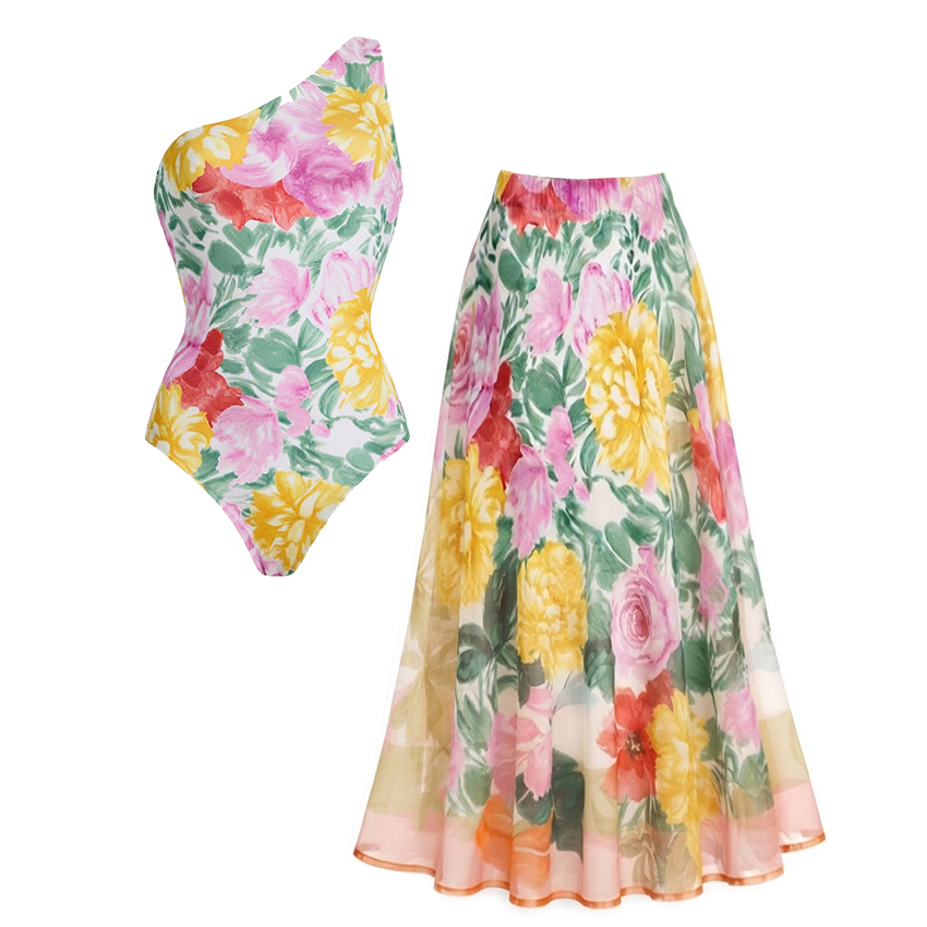 One Shoulder Abstract Floral Swimsuit Set(s)