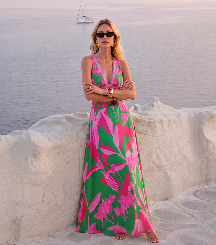 Pink & Green Colorblock Print V-Neck Swimsuit Set(s)