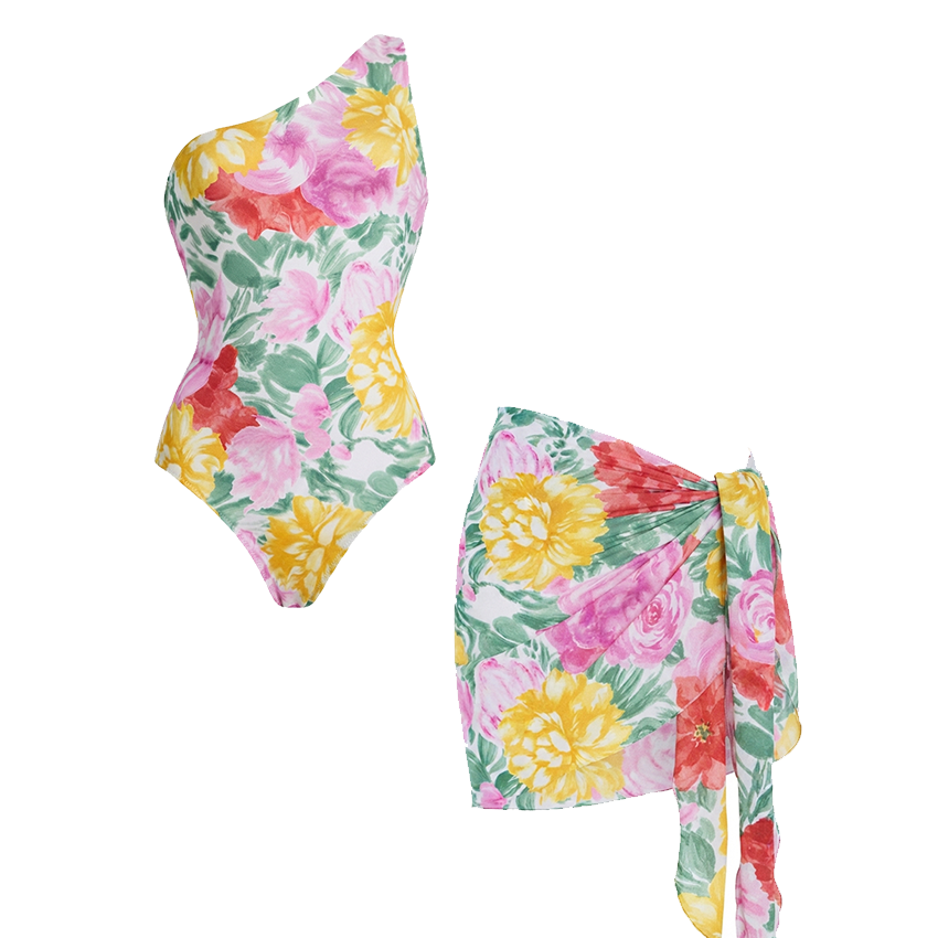 One Shoulder Abstract Floral Swimsuit Set(s)