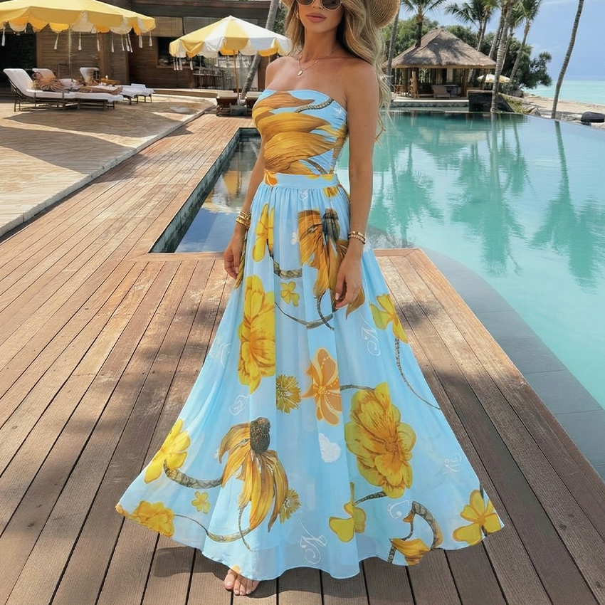 Bandeau Chrysanthemum Print Swimsuit Set(s)