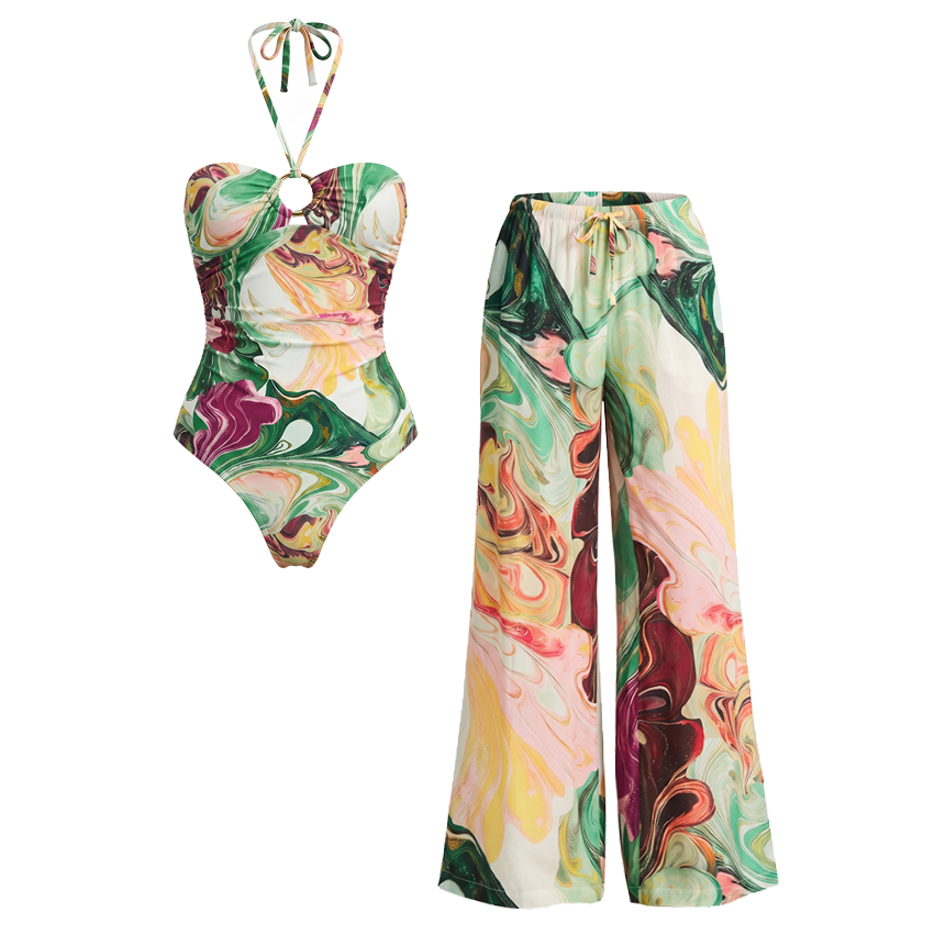 Halter-neck Red and Green Gradient Print Swimsuit set(s)