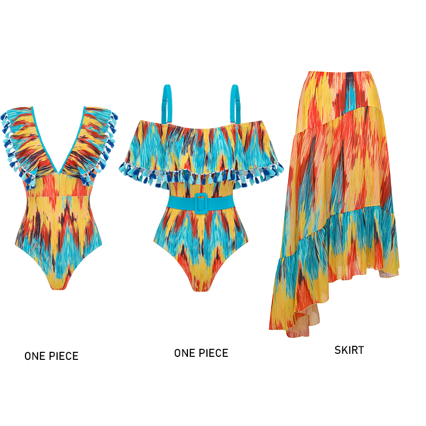Blue-Orange Gradient Off-shoulder Swimsuit Set(s)