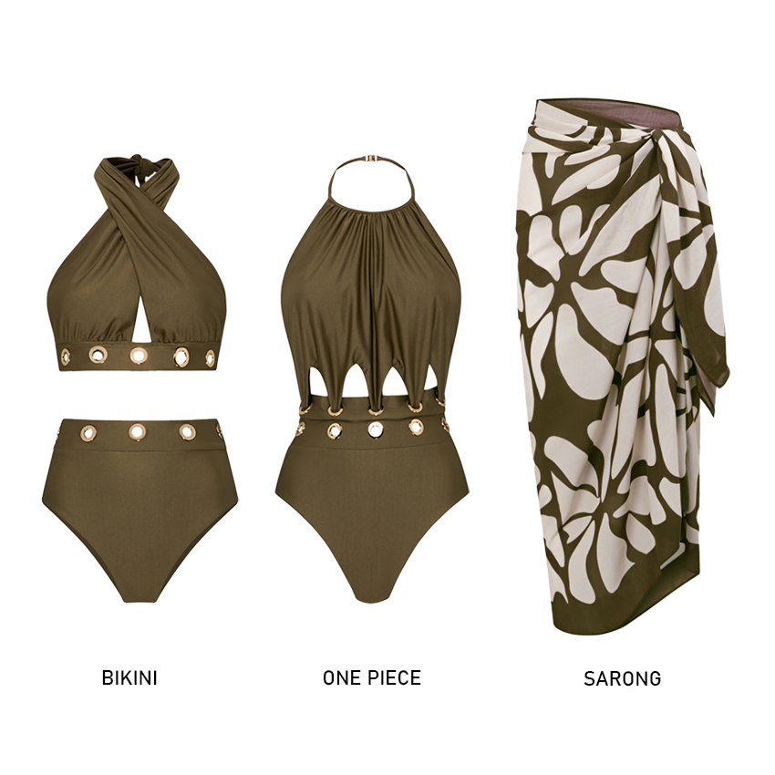 Halter-neck Olive Green Hollow Out Swimsuit Set(s)