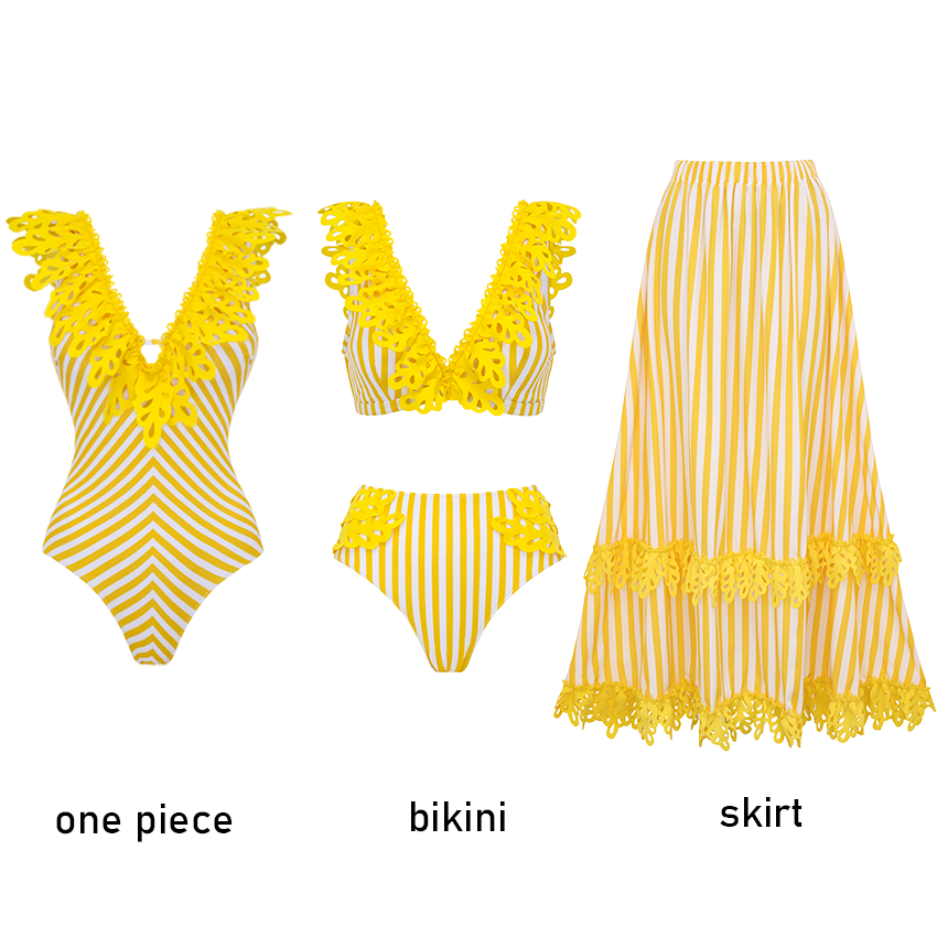 Openwork Lace Yellow Stripes Swimsuit Set(s)