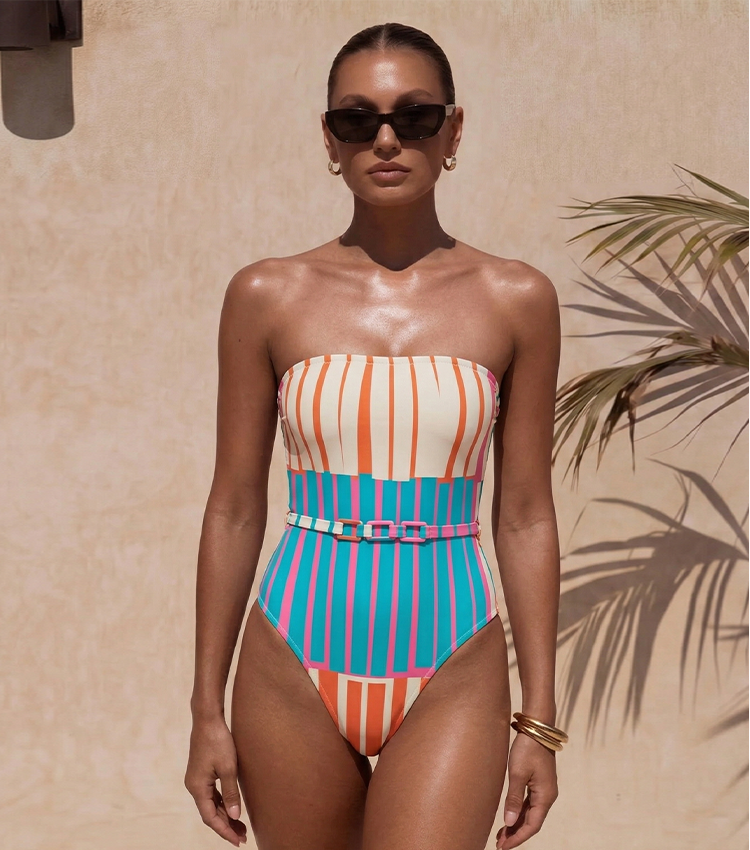 Strapless Colorful Striped Print Swimsuit Set(s)