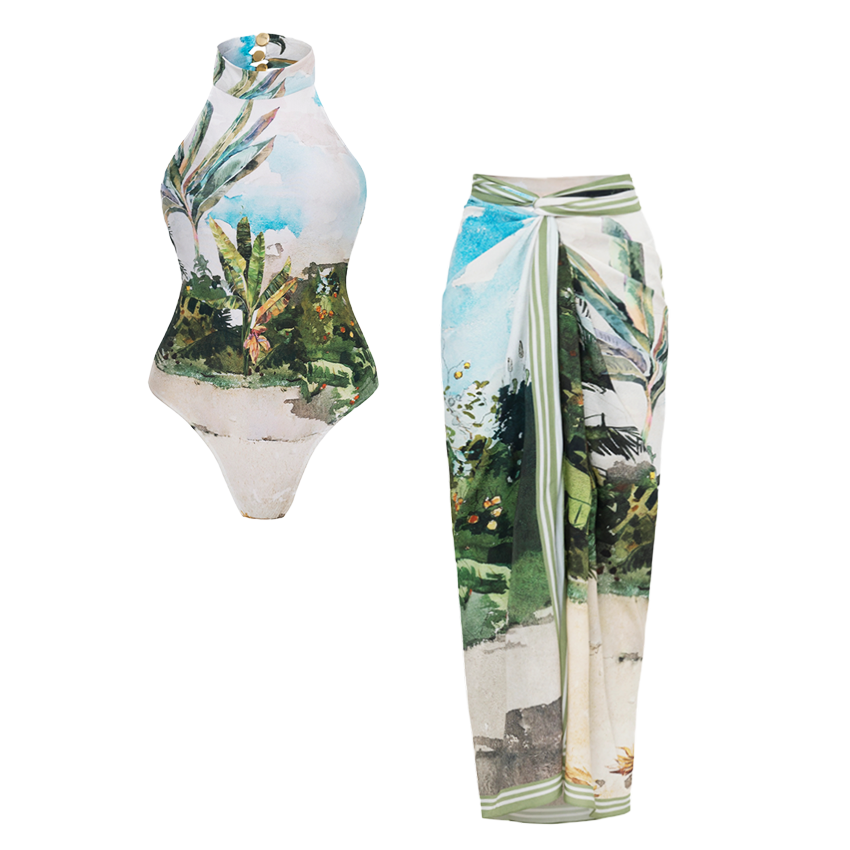 Halter-neck Beach Scenery Print Swimsuit set(s)
