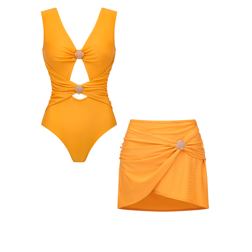 Gold V-Neck Cutout Swimsuit Set