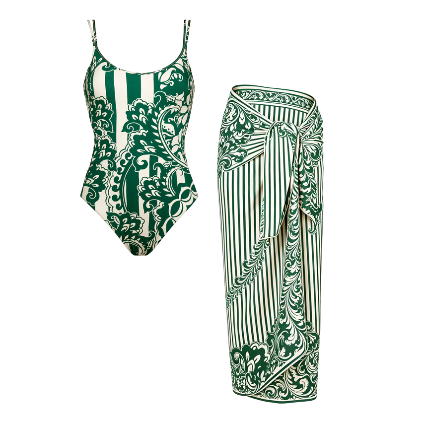 Spaghetti Straps Green Print Swimsuit set(s)