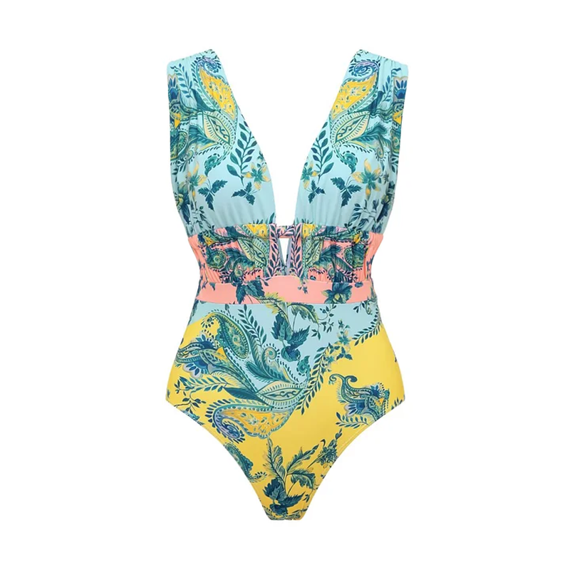 Color Block Printed One Piece Swimsuit and Skirt