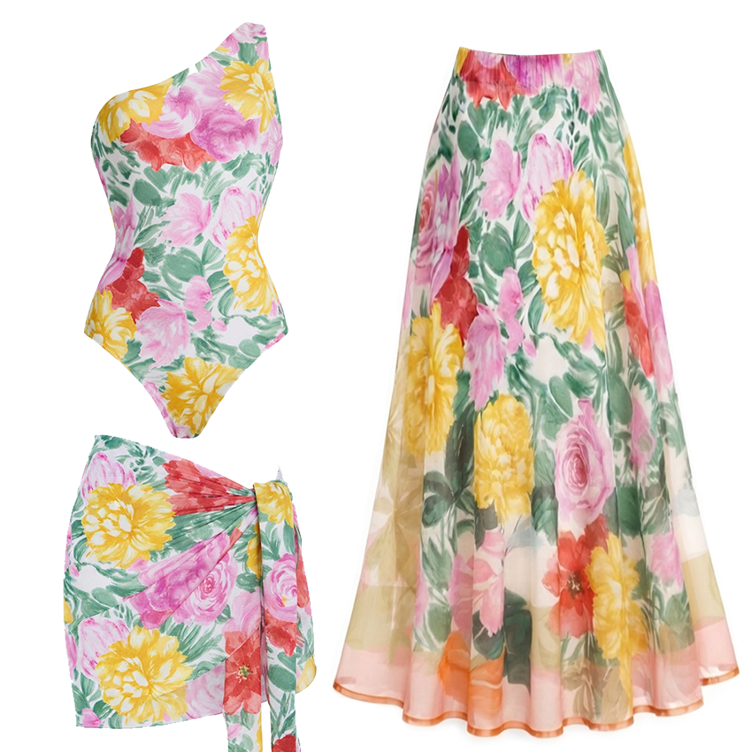 One Shoulder Abstract Floral Swimsuit Set(s)