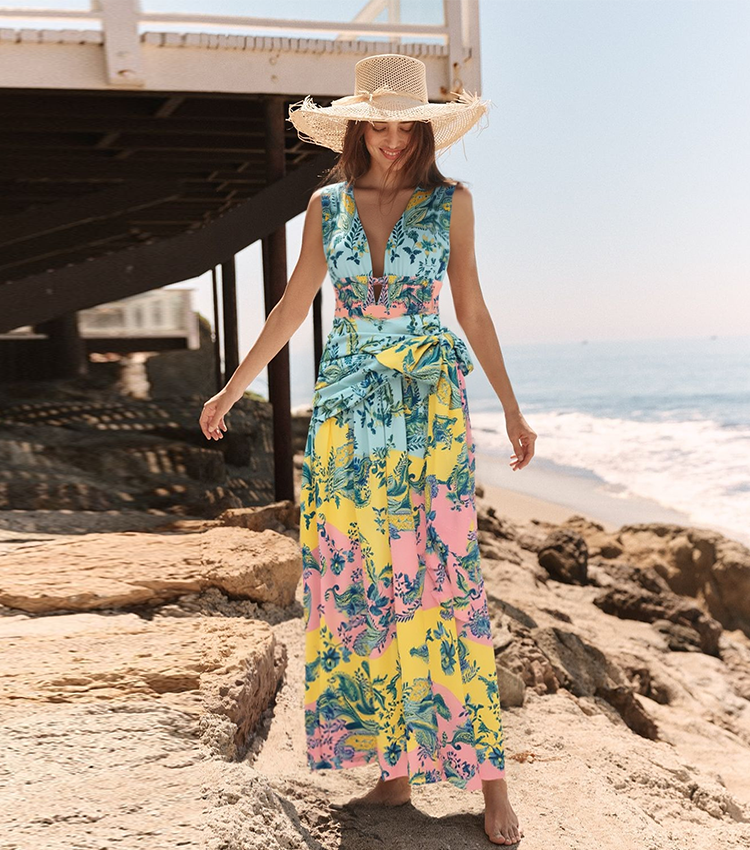 Color Block Printed One Piece Swimsuit and Skirt