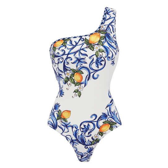 One Shoulder Lemon Printed Swimsuit Set(s)