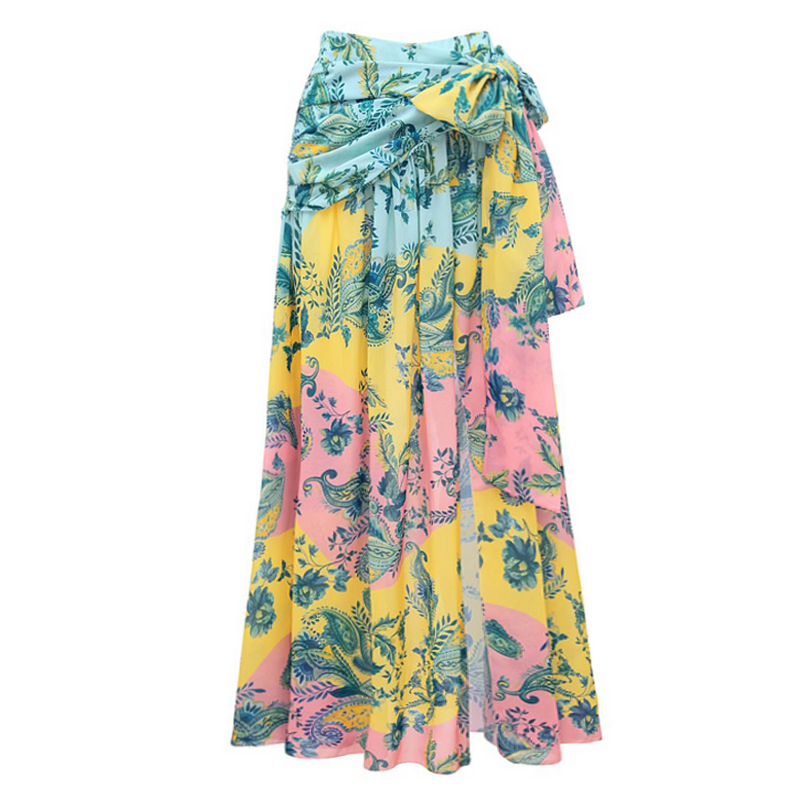 Color Block Printed One Piece Swimsuit and Skirt