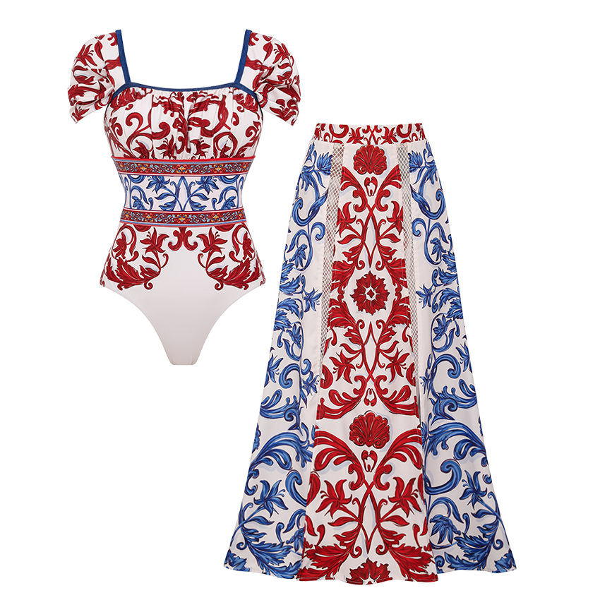 Red & Blue Seville Tiles Print Ruched Bust Swimsuit Set(s)