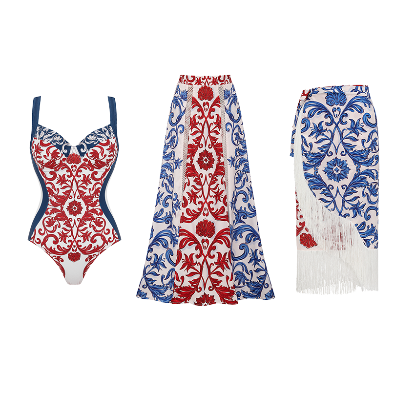 Red & Blue Seville Tiles Print Waist-Slimming Swimsuit Set(s)