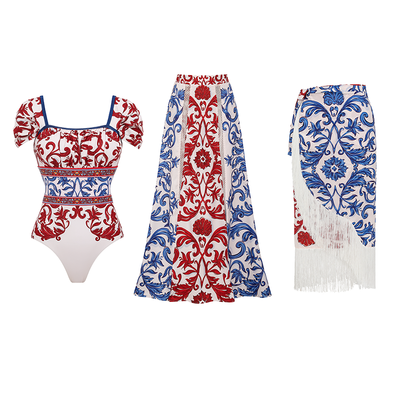 Red & Blue Seville Tiles Print Ruched Bust Swimsuit Set(s)