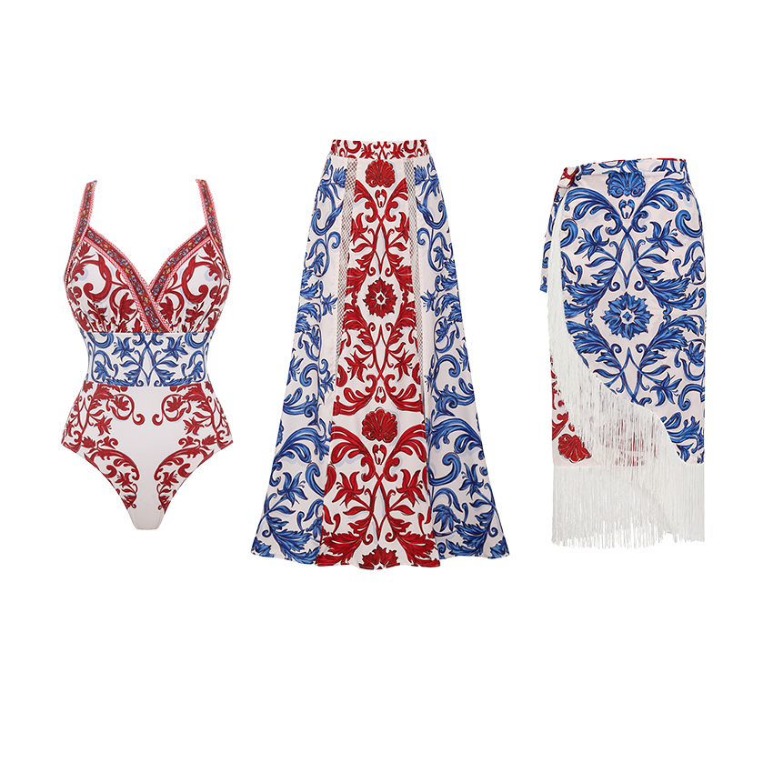 Red & Blue Seville Tiles Print V-Neck Swimsuit Set(s)