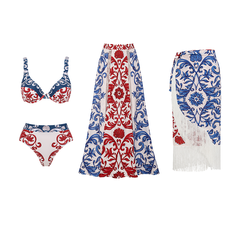 Red & Blue Seville Tiles Print Bikini Swimsuit Set(s)