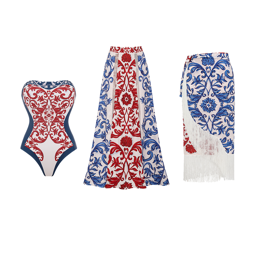 Red & Blue Seville Tiles Print Strapless Swimsuit Set(s)