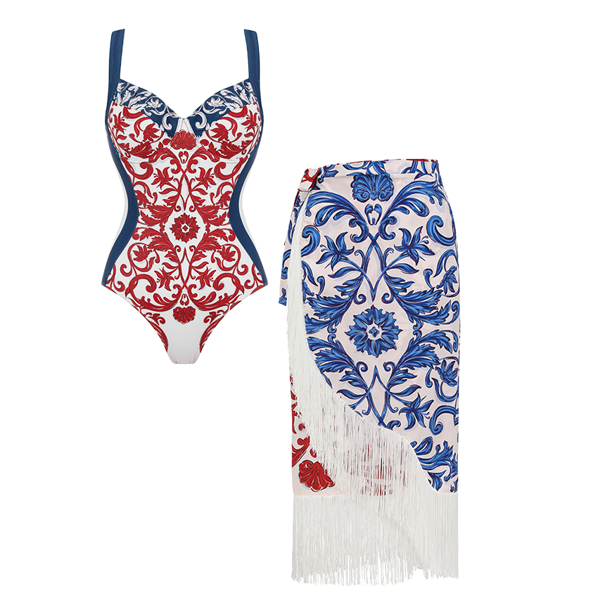 Red & Blue Seville Tiles Print Waist-Slimming Swimsuit Set(s)
