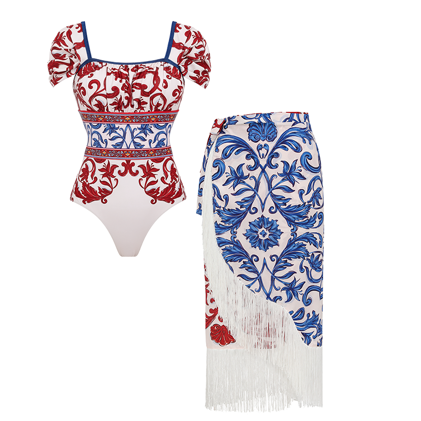 Red & Blue Seville Tiles Print Ruched Bust Swimsuit Set(s)