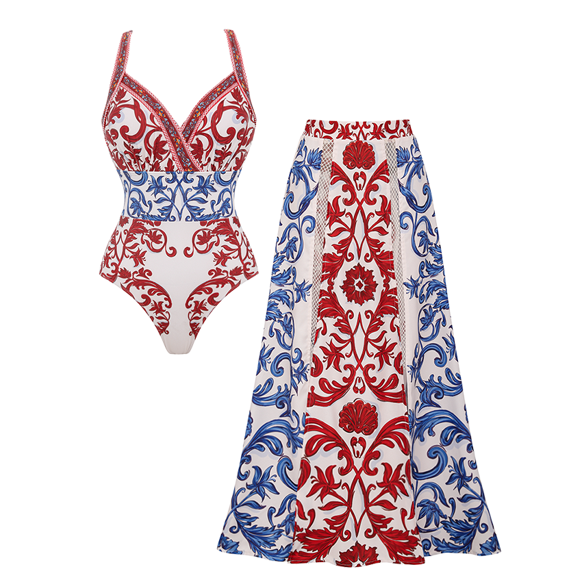 Red & Blue Seville Tiles Print V-Neck Swimsuit Set(s)